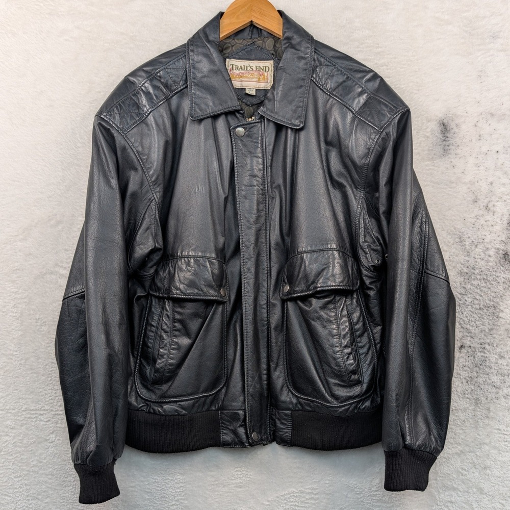 VTG Trail's End Jacket Men's Large Black Genuine Leather Bomber Aviator 90s